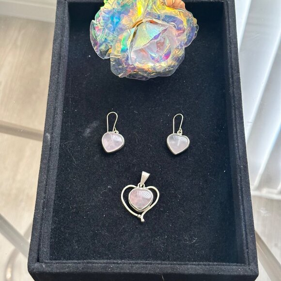 Heart-Shaped Rose Quartz Earrings & Pendant Set In Silver 925 Frame Handmade & C - Picture 5 of 9